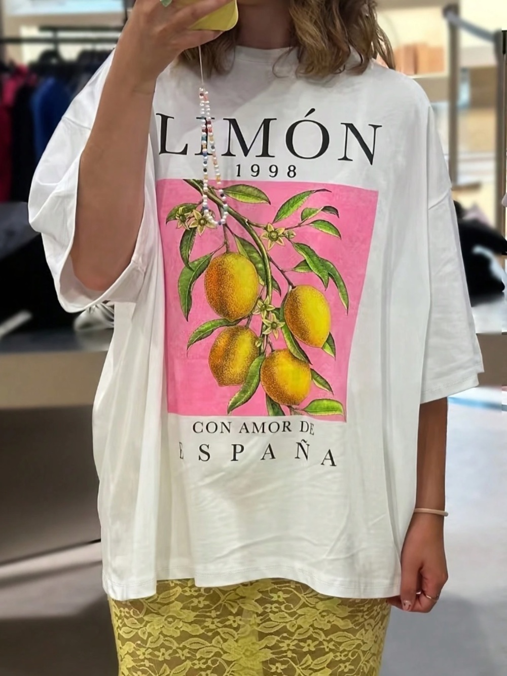 Cotton White Oversized Lemon Print Tee Shirt Crew Neck Short Sleeve